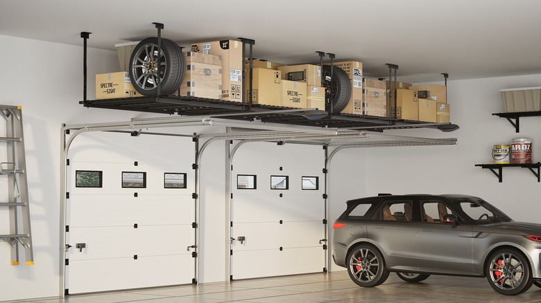 A view of overhead racks in a garage