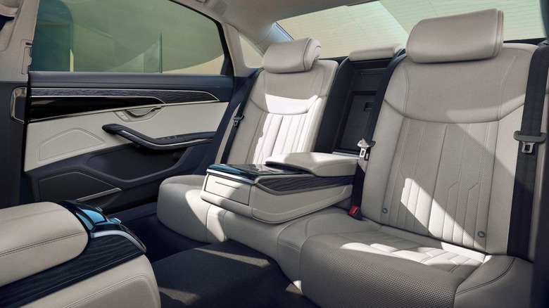 white interior of the rear seats of a 2026 Audi A8 sedan