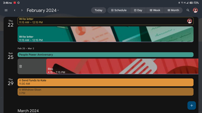 Google Calendar delete event with gesture