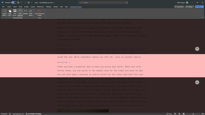 Word opened in Immersive Reader mode