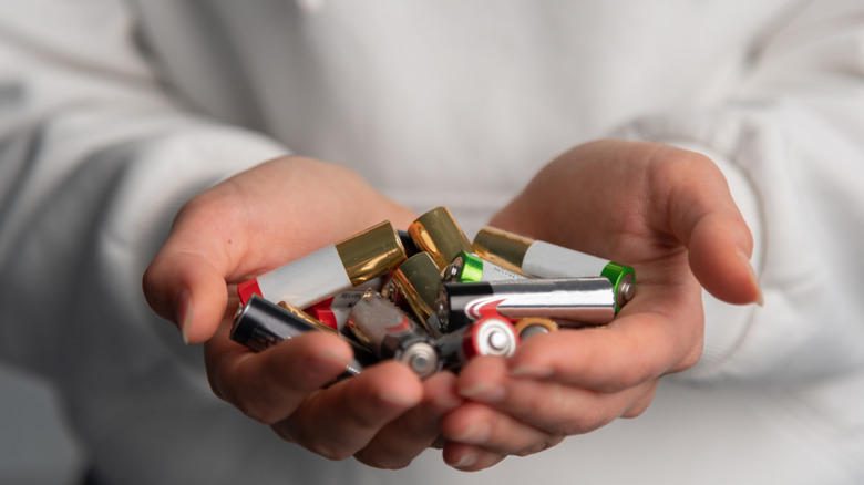 A person holding a lot of batteries in their hands.