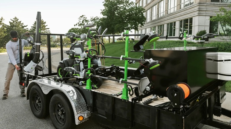 Various Ego power tools stored on a trailer