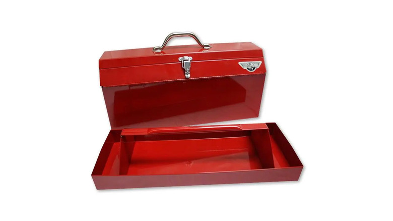 A red Pent Roof Toolbox With Removable Tray from Pioneer Steel USA