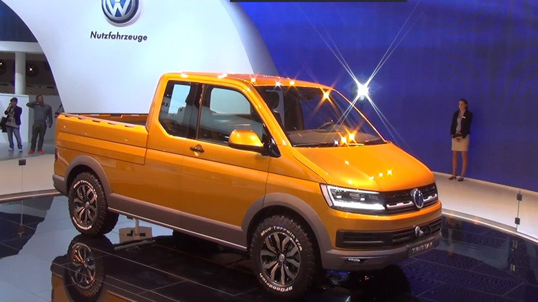 Orange 2014 VW Tristar TDI Concept truck on pedestal
