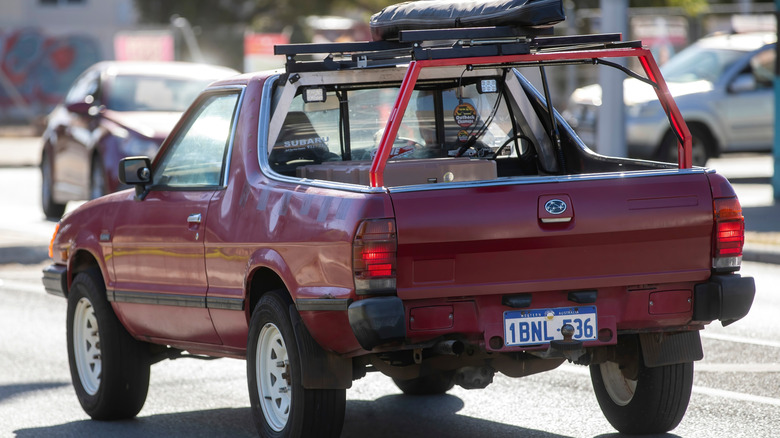 Subaru BRAT with ladder rack from the rear