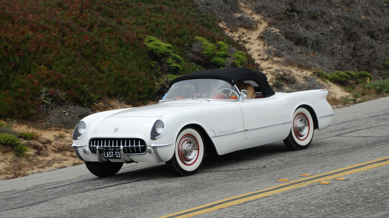 White 1953 Corvette convertible driving