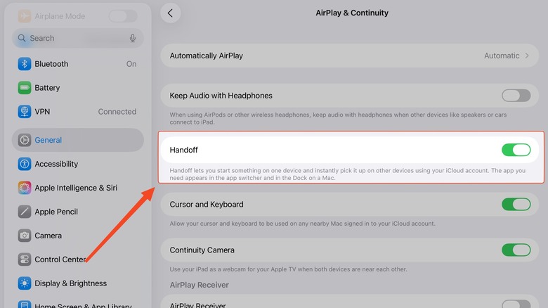 Handoff Settings in iPad Settings