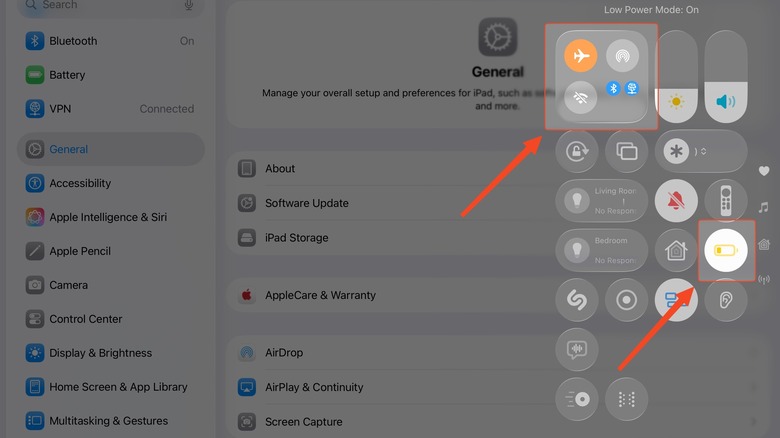 Airplane/low power mode control center