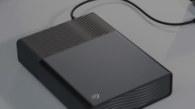 An external hard drive connected to a laptop