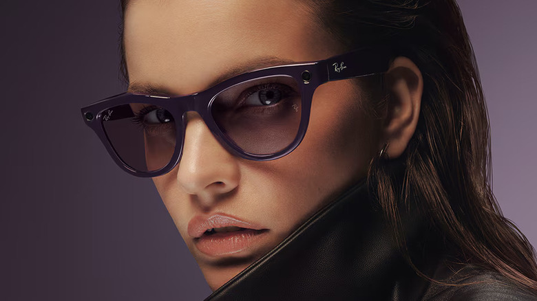 A person wearing a purple-tinted 2nd-gen Ray-Ban Meta