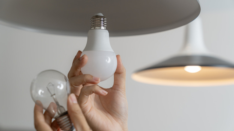 A person swapping out an incandescent light bulb for an LED.