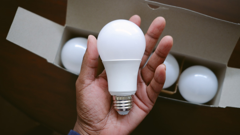 A person holding an LED lightbulb.