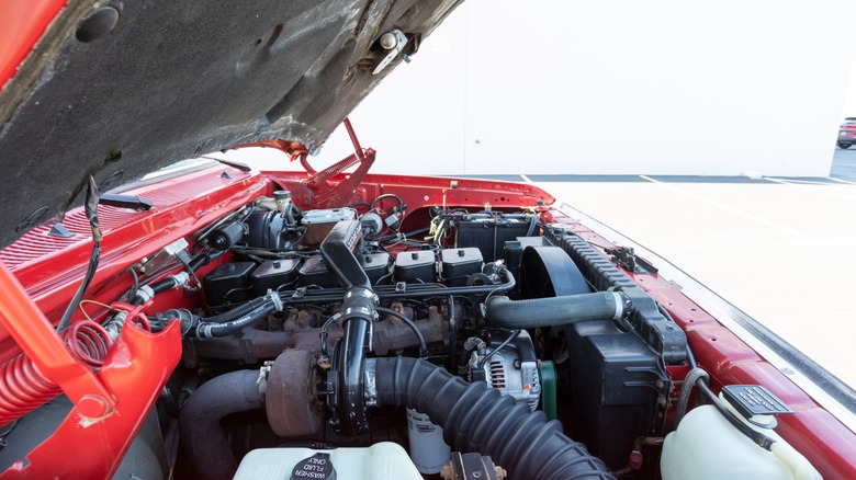 5.9 Cummins diesel engine in a red Dodge Ram