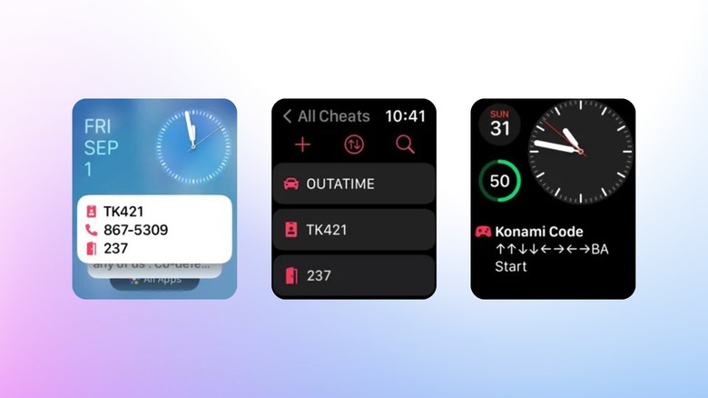 Apple Watch Cheatsheet app widgets showing contacts quick actions and Konami code note