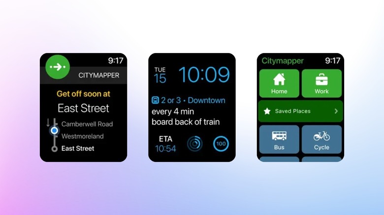 Citymapper Apple Watch app showing transit alert next train details and navigation shortcuts