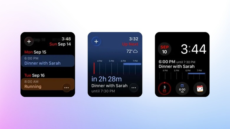 Fantastical app interface on three Apple Watch screens