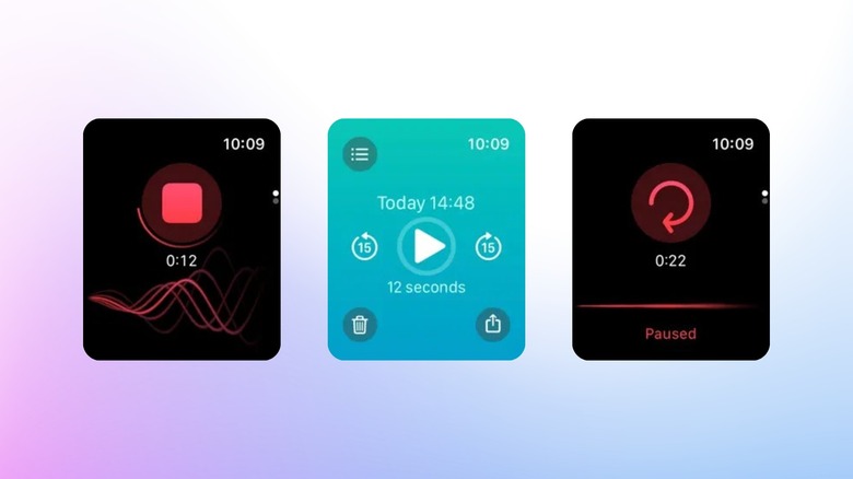 Just Press Record Apple Watch app showing recording playback controls and paused voice note