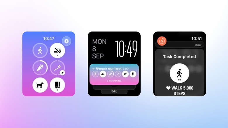 Streaks Apple Watch app showing habit tracking icons daily task widget and completed step goal notification