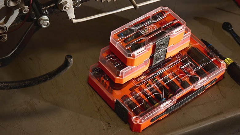 Klein Tools hand tool box stacked one on top of the other.