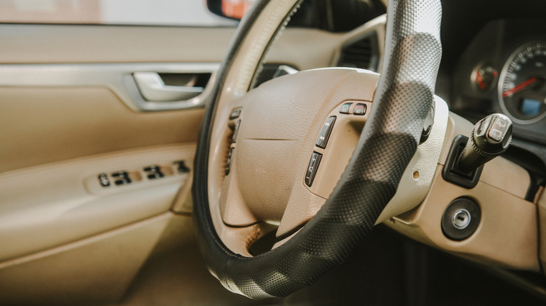 Closeup of a steering wheel