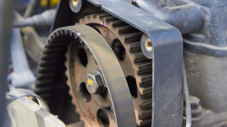 Close up of a timing belt in a car engine