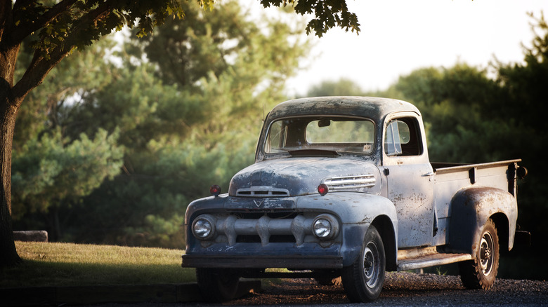 Blue pickup under tree