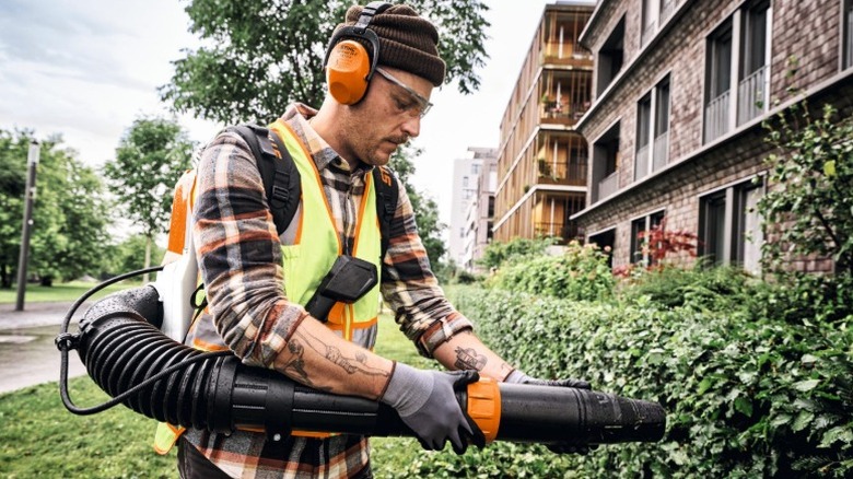 Person operating a Stihl BRA 280 backpack leaf blower