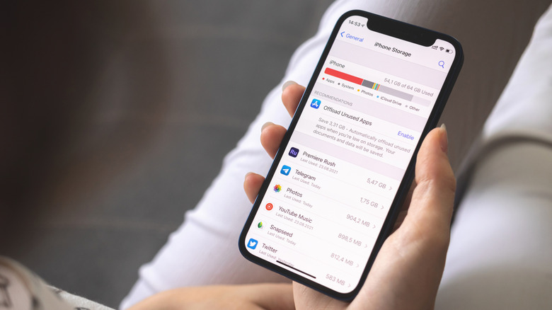 A person holding an iPhone, with the storage section open in Settings