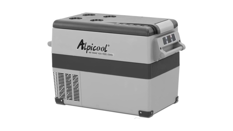 Gray and black cooler box displaying the Alpicool brand
