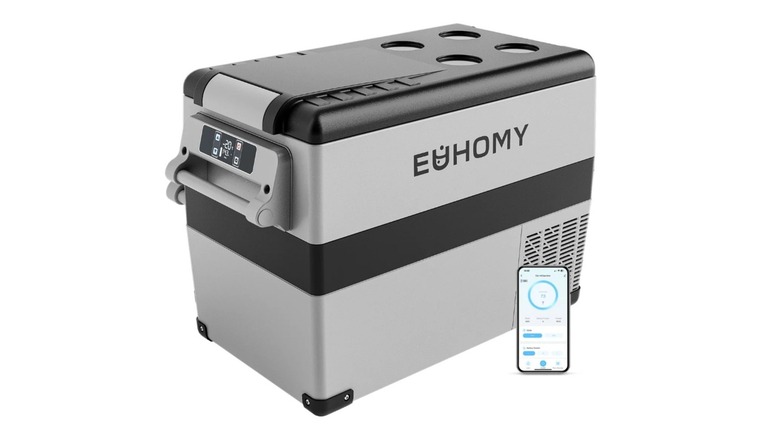 Black and grey cooler box with a digital temperature display