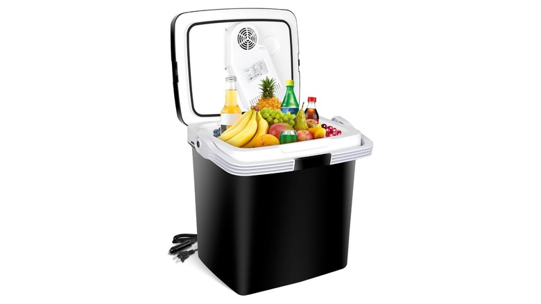 Black cooler with white lid and handle showing various foods and drinks