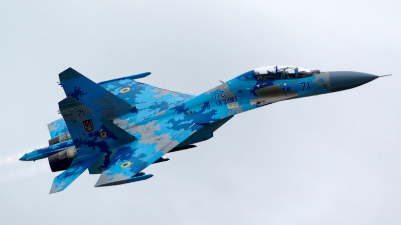 An Su-27 Flanker with blue digital camo flying over cloudy skies
