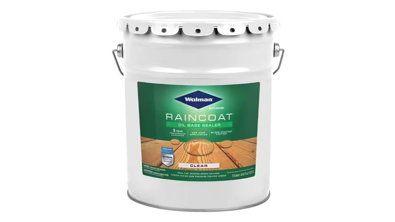 A five-gallon bucket of Wolman Water Repellent Sealer on a white background