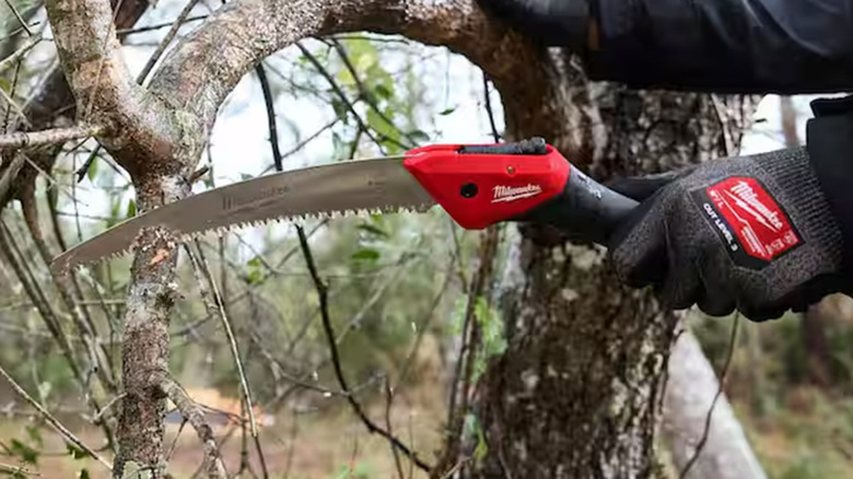 A person using a Milwaukee pruning saw to cut a tree branch