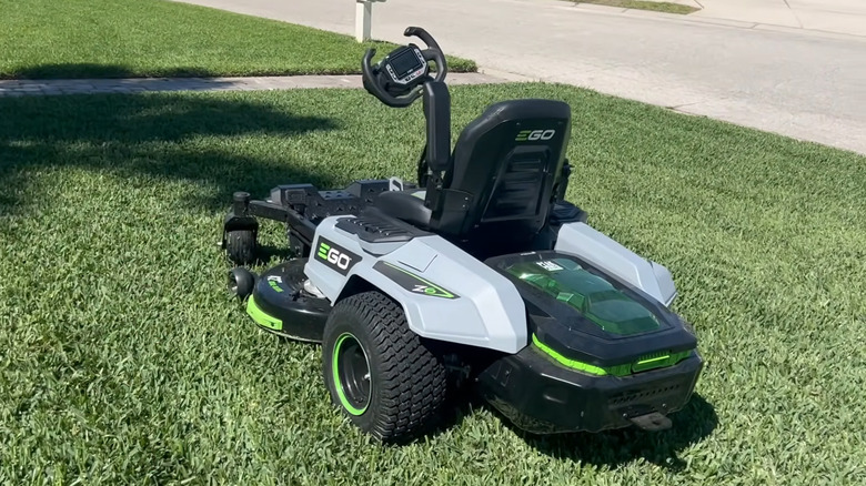 The EGO POWER+ Z6 Zero Turn Mower with E-Steer Technology on a freshly-cut lawn