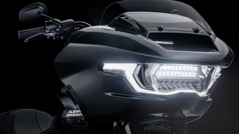 Close up of Harley Davidson LED headlight on
