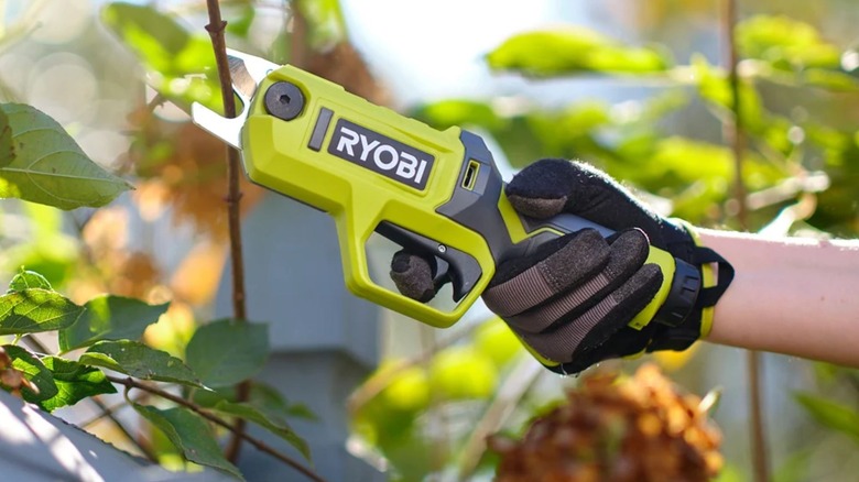 Woman using Ryobi FVPS51K Pruning Shears