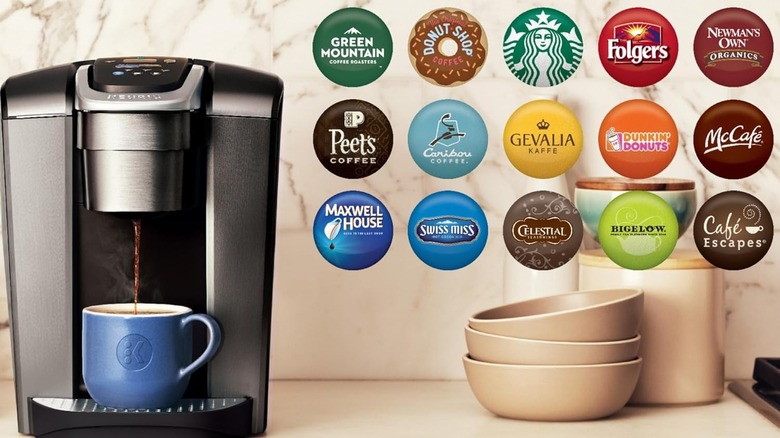 Keurig K-Elite coffee maker promotional image next to brand names