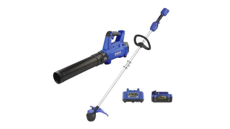 The Kobalt String Trimmer, Leaf Blower, Battery and Charger combo on a white background.