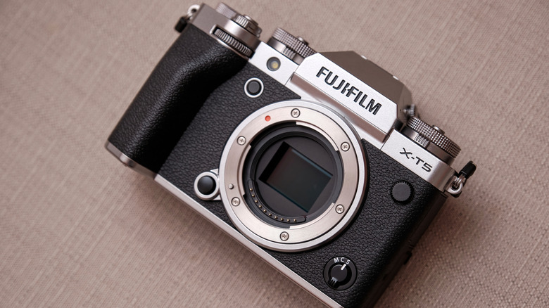 Closeup of the Fujifilm X-T5 body without a lens
