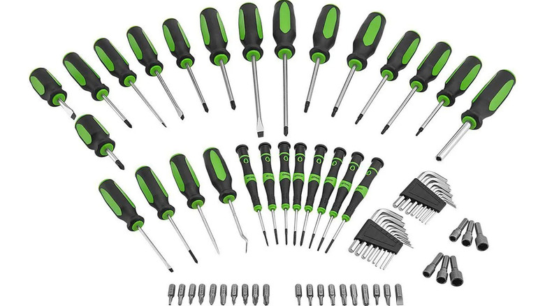 A set of screwdrivers and Allen wrenches arranged in a fan pattern