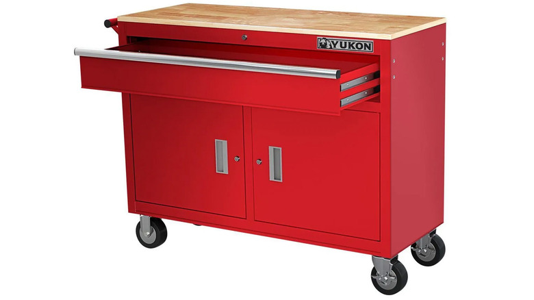 A red Yukon mobile workbench against a white background