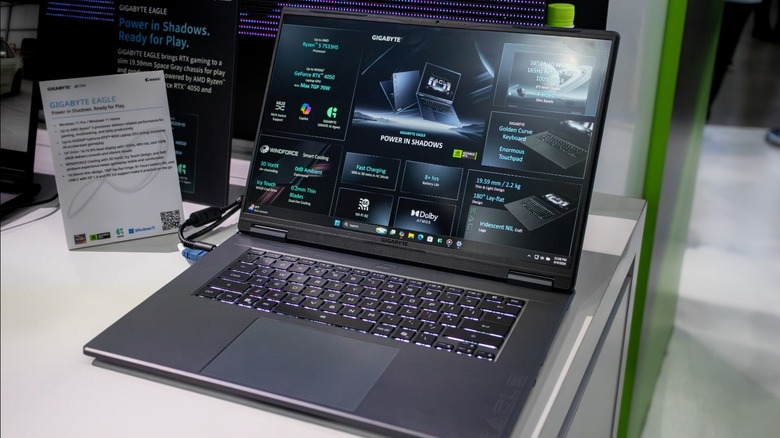 the Gigabyte Eagle entry-level gaming laptop showing its features and specifications on the screen