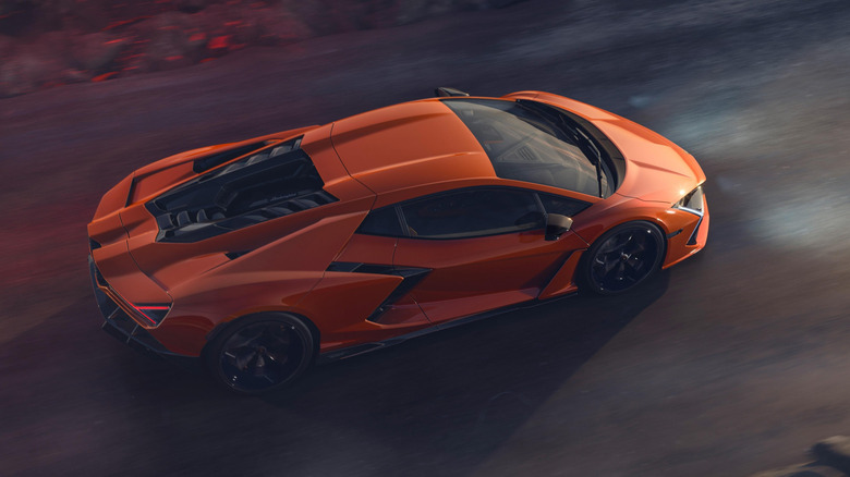 Lamborghini Revuelto overhead view driving on road