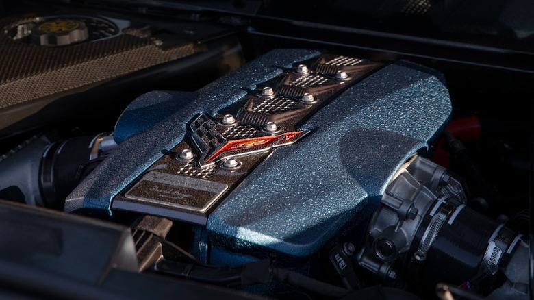 Low-angle view of the Chevrolet LT7 engine in a Chevrolet Corvette ZR1 engine bay