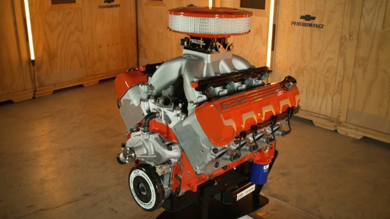 Chevrolet Performance ZZ632/1000 engine on a stand with wooden crates in the background