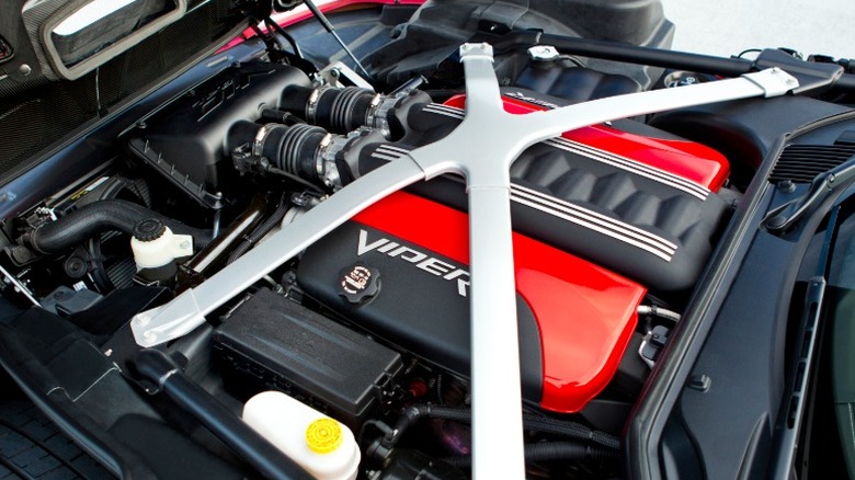 Top-down view of Dodge Viper V10 in a Dodge Viper engine bay