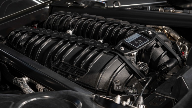 Low-angle image of a Chevrolet LT6 engine in a Chevrolet Corvette Z06 engine bay