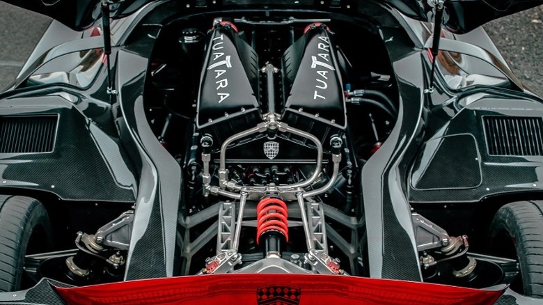 Overhead view of the SSC Tuatara V8 engine inside an SSC Tuatara engine bay