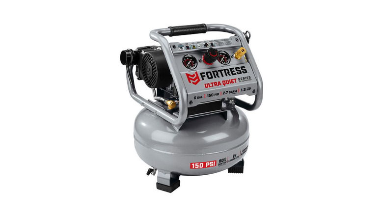 The 6 gallons version of the Fortress Ultra Quiet Air Compressor on a white background.